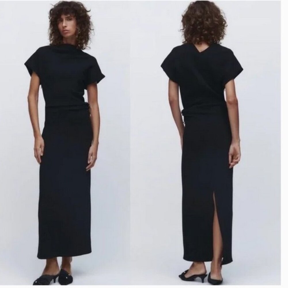 Zara Elegant Black Draped Maxi Dress, NWT, M